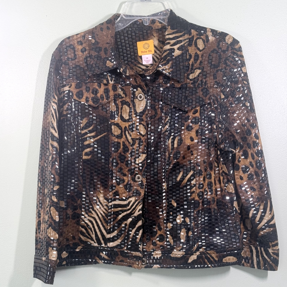 Ruby Rd. Brown Animal Print Button Down Shirt - image 1